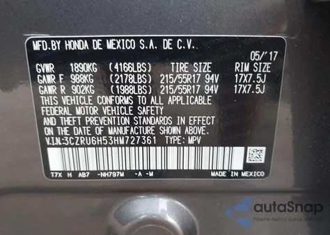 2017 Honda Hr-V Ex from USA, damaged, VIN 3CZRU6H53HM727361